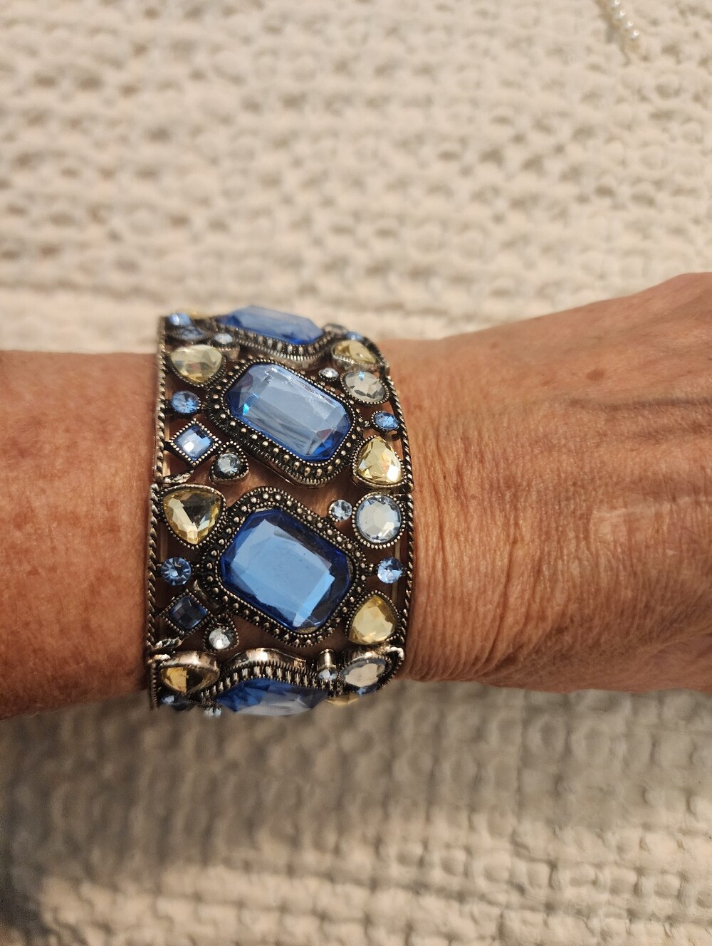Blue Crystal Embellished Wide Stretch Bracelet Victorian Feminine Vintage